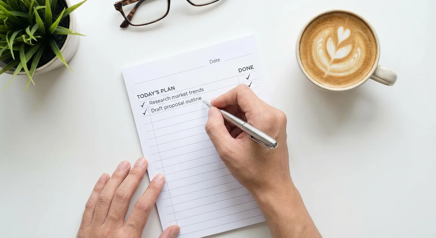 Overhead view of someone marking a checklist in a paper planner.