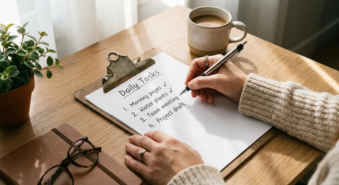 A top-down view of a person using a checklist to ensure their application is correct.