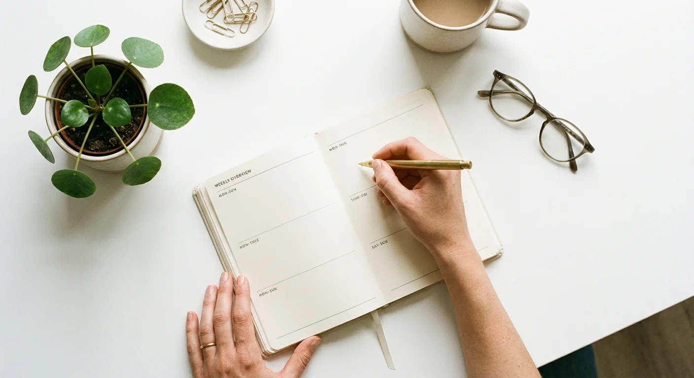 Overhead view of someone writing rules in a planner on a clean white desk.