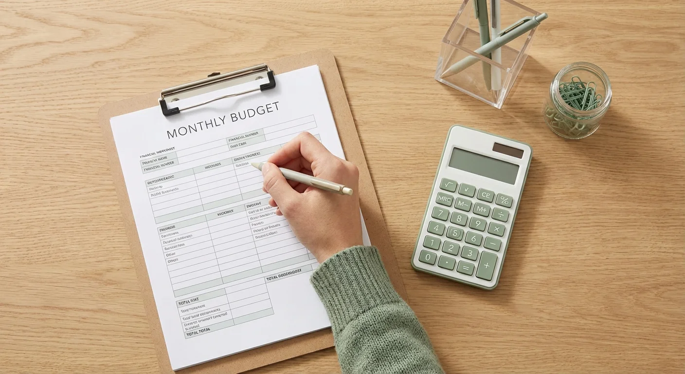 A top-down view of a calculator and financial paperwork on a wooden desk.