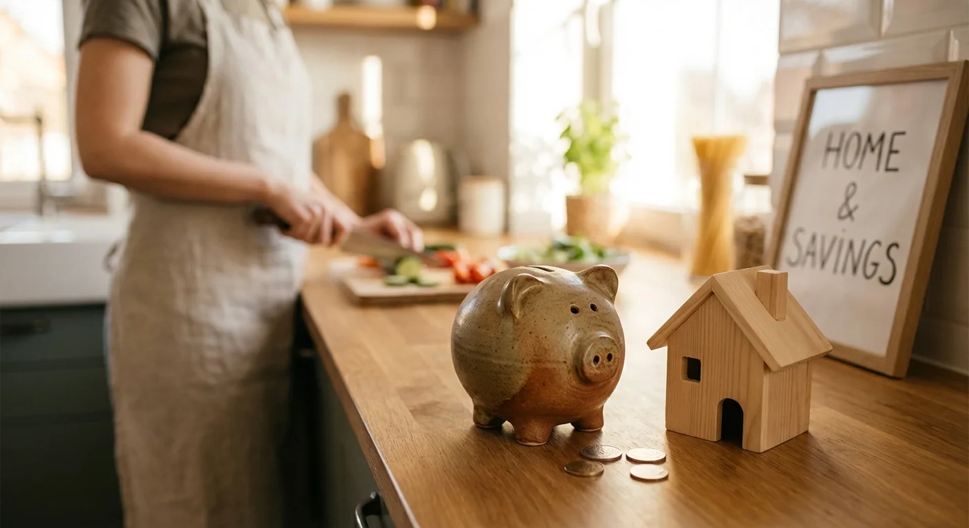 A piggy bank and toy house on a kitchen counter.