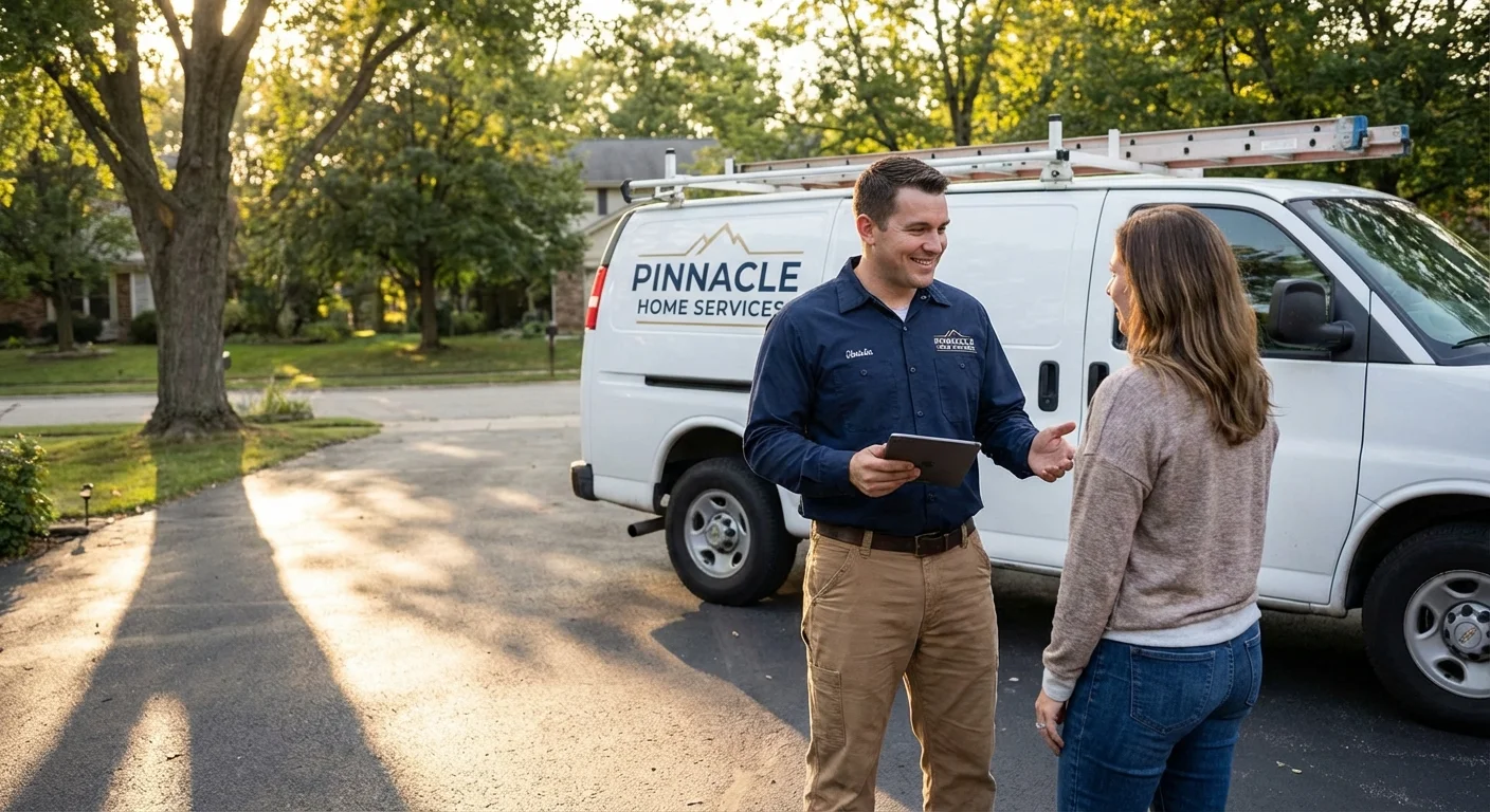 A homeowner consulting with a professional contractor outside their home.