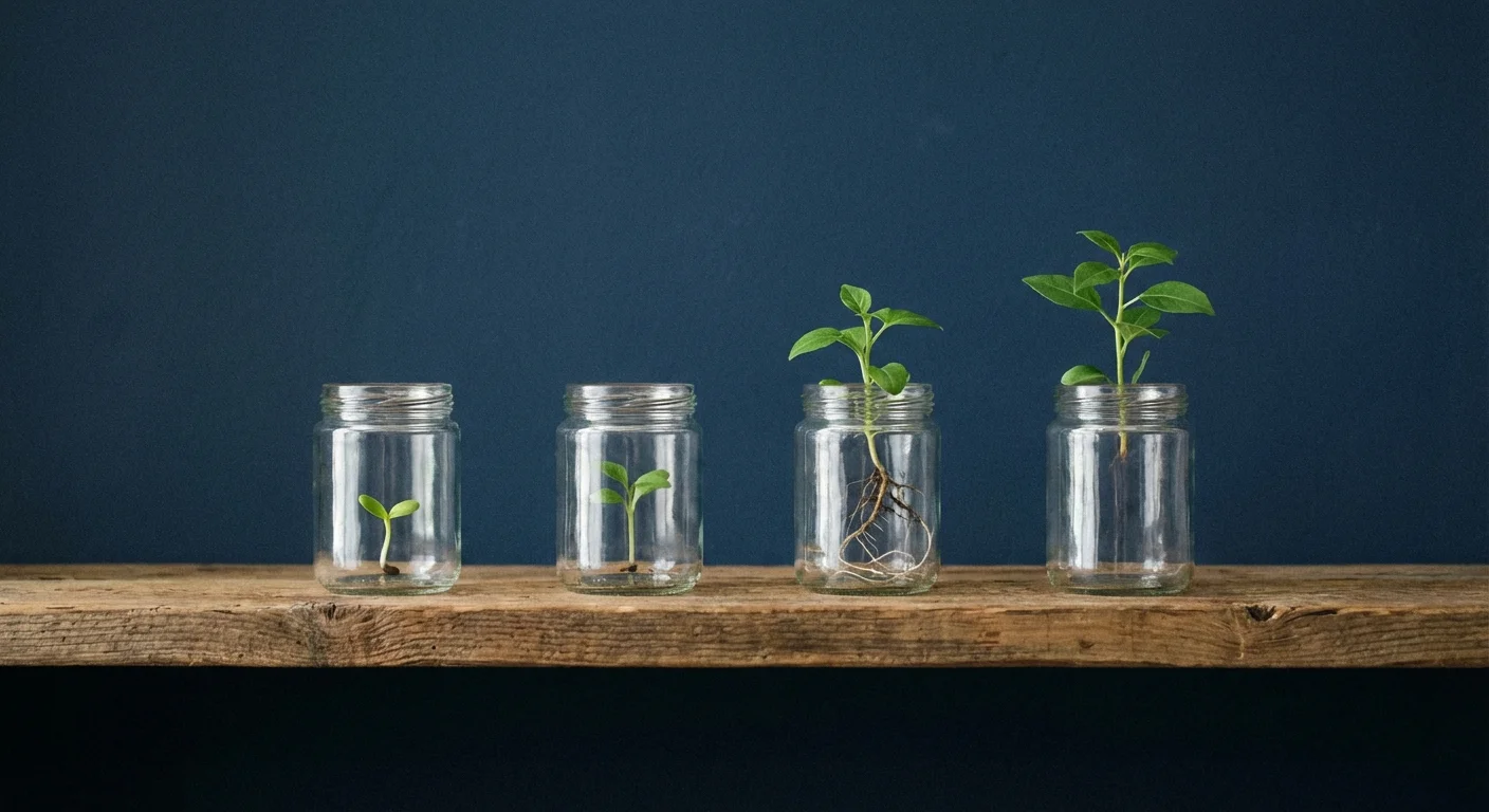 Four glass jars with small plants at different growth stages on a shelf.