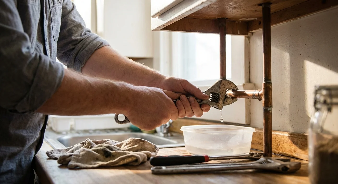 Close-up of hands preparing to fix a household plumbing leak with a wrench.