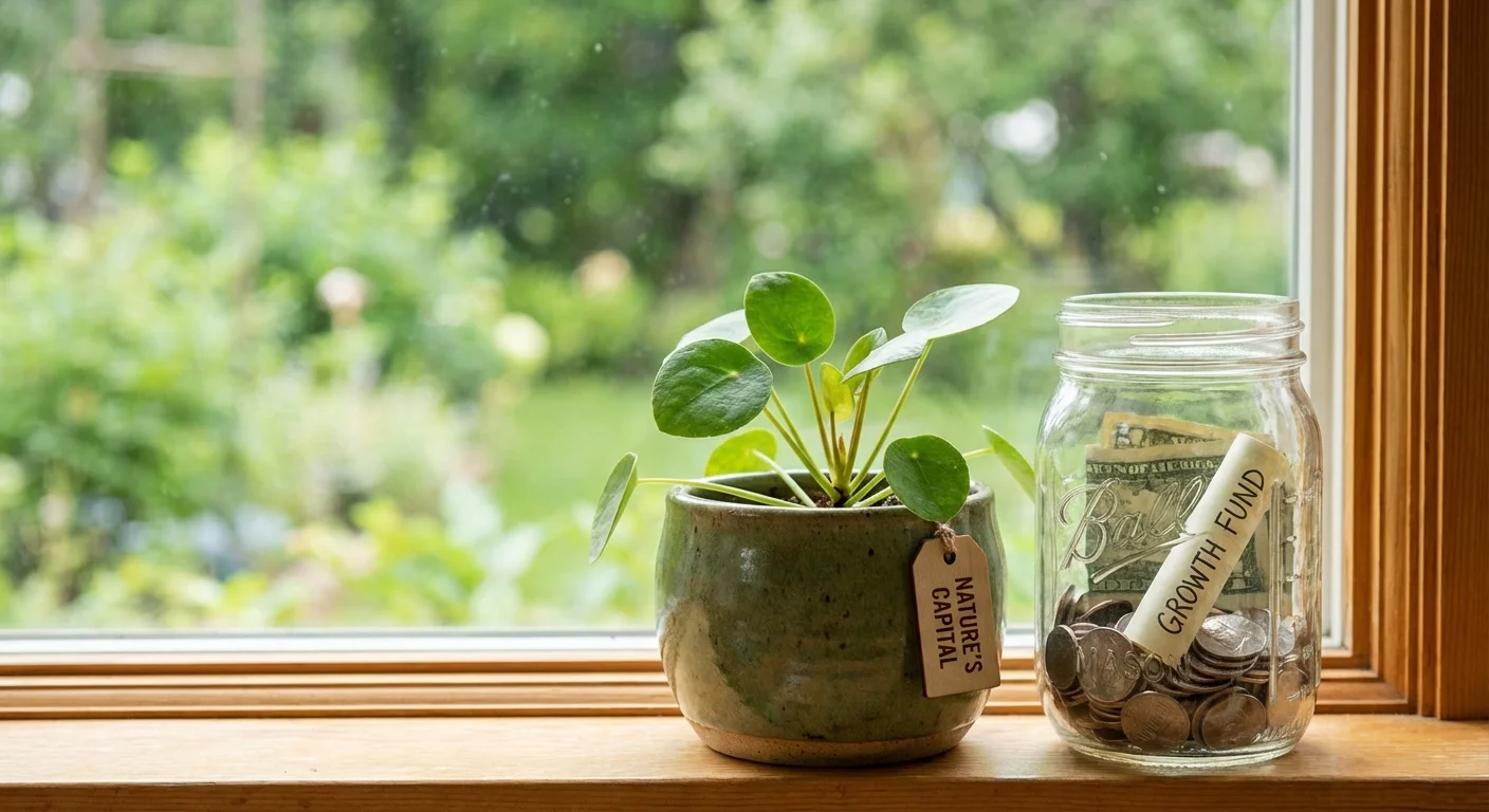 A small plant and a savings jar on a sunny windowsill.