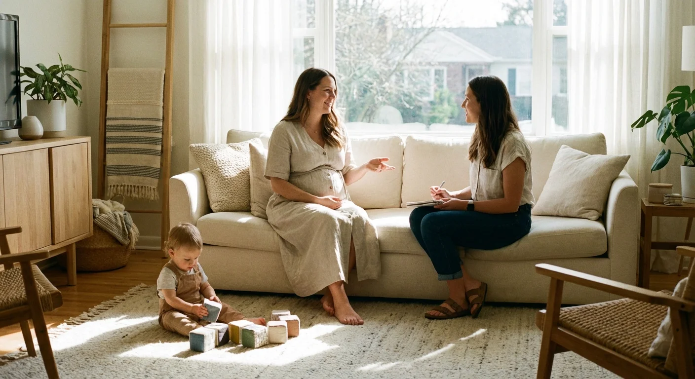 A pregnant woman and a home visitor talking in a sunlit living room while a toddler plays.