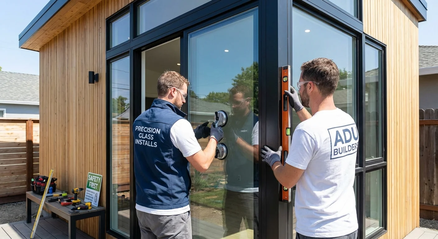 Professional builders installing a door on a modern ADU structure.