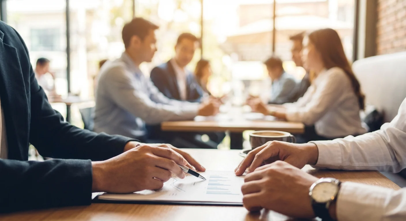 Two people having a professional meeting over coffee, focusing on a document.