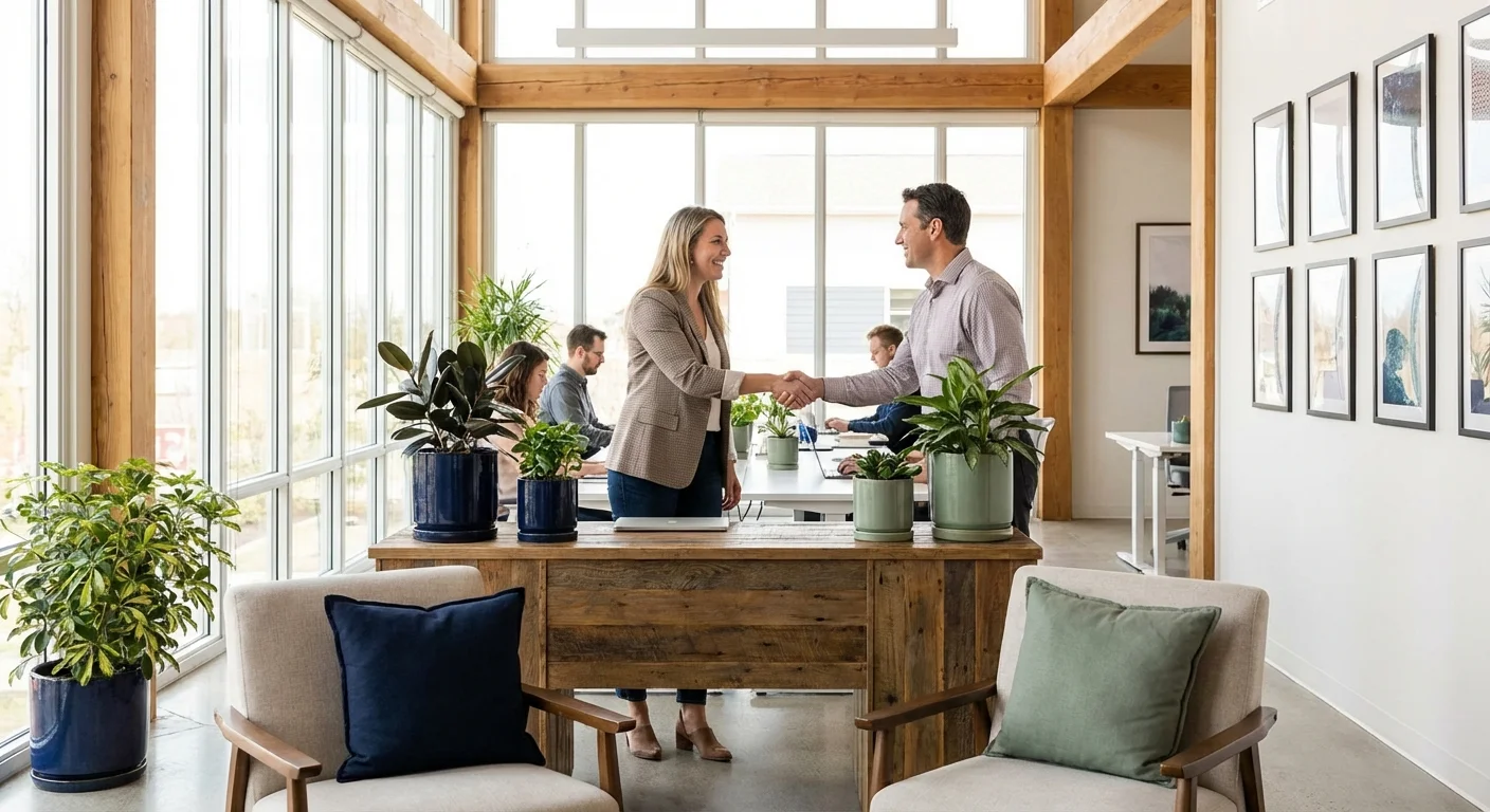 A manager and employee shaking hands in a bright, modern office.