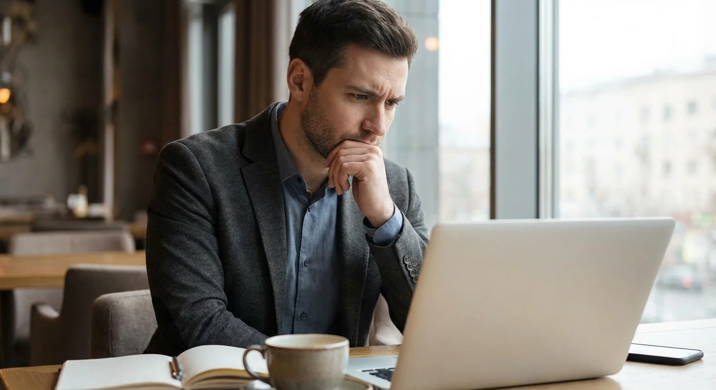 A man looking thoughtful while using a laptop in a bright cafe.