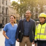 A diverse group of smiling public service professionals standing together in a bright, sunlit outdoor setting.