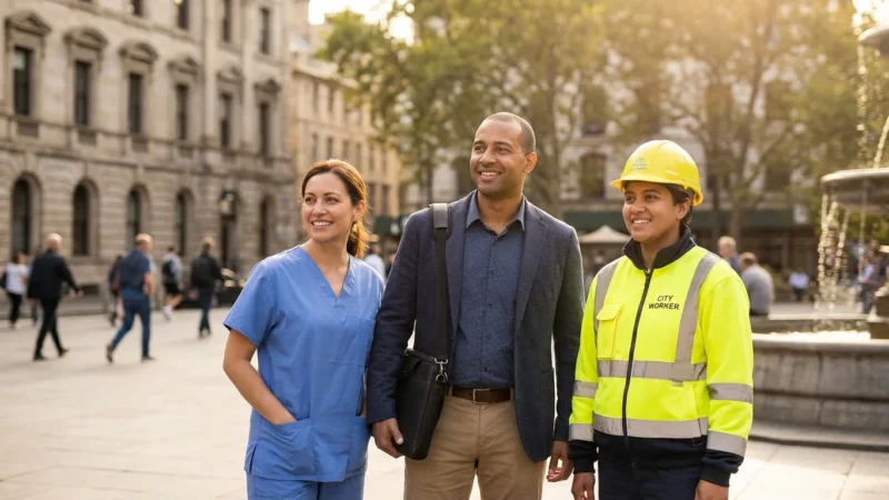 A diverse group of smiling public service professionals standing together in a bright, sunlit outdoor setting.
