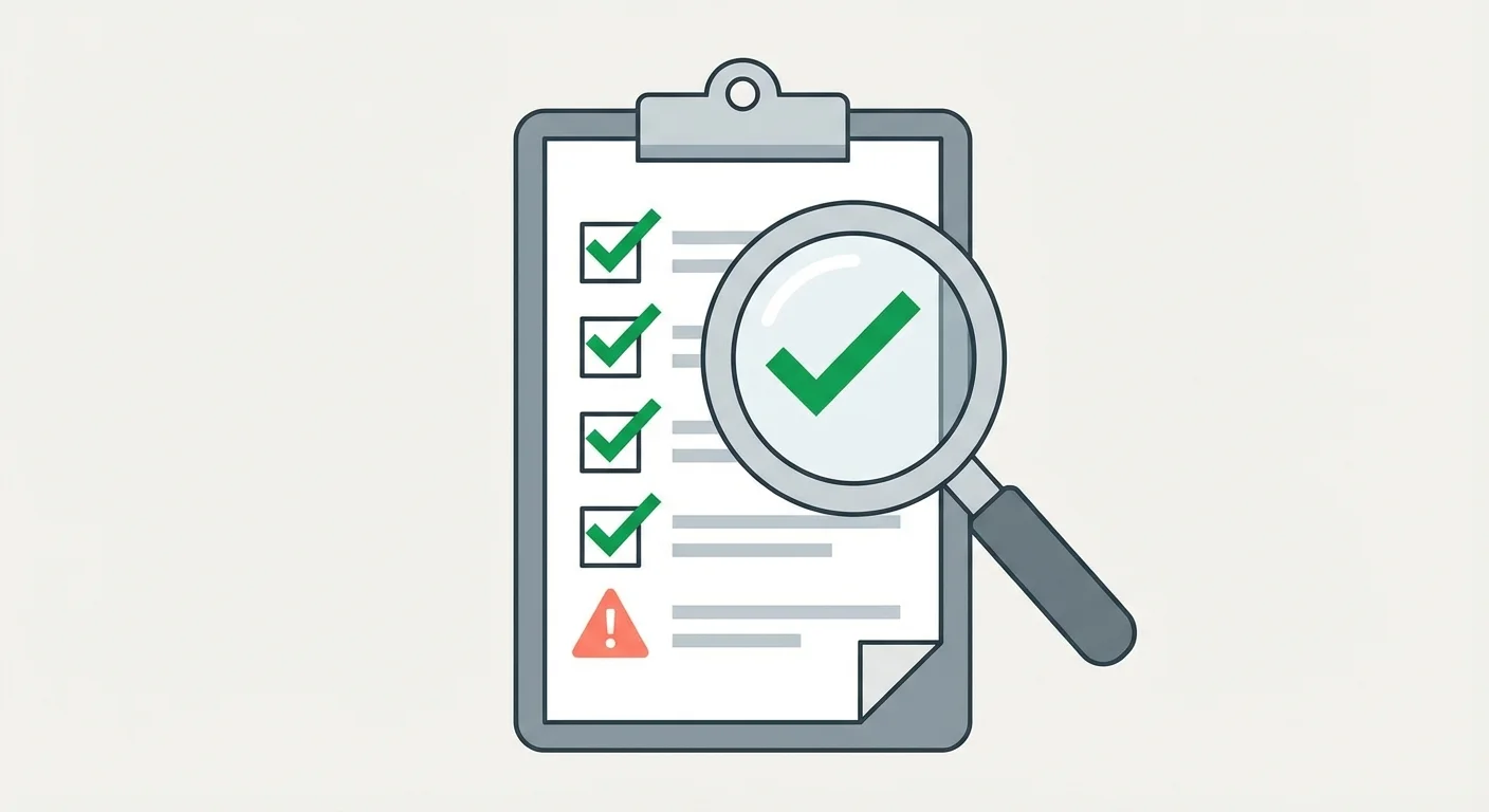 A magnifying glass inspecting a checklist with a caution symbol.