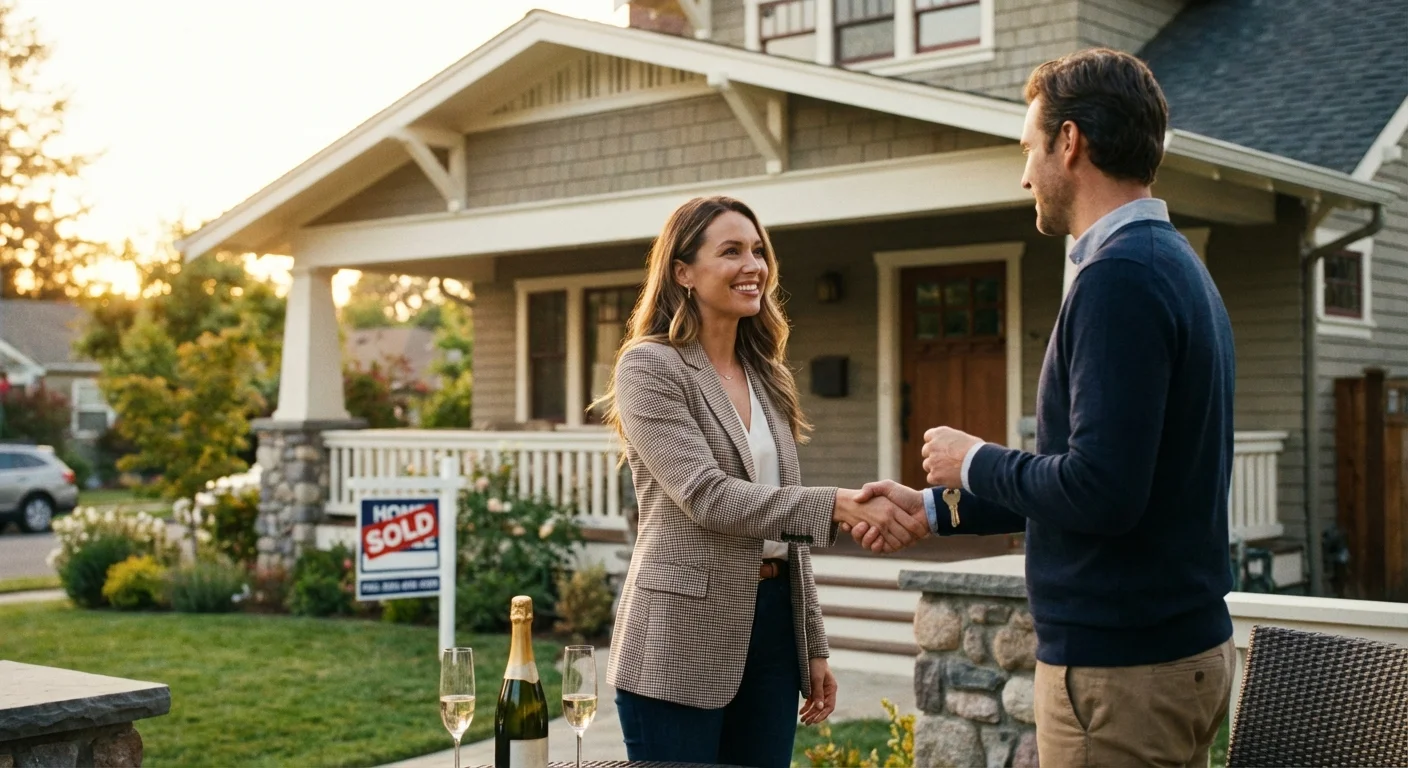 A realtor and client shaking hands in front of a house.
