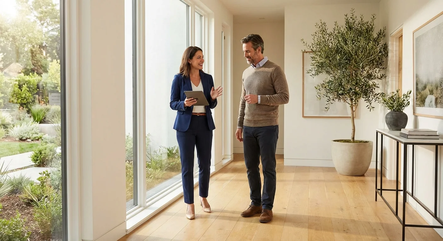 A professional property manager talking to a client in a modern home.