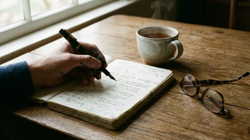 A person calmly reviewing financial data on a tablet in a bright, modern home office.