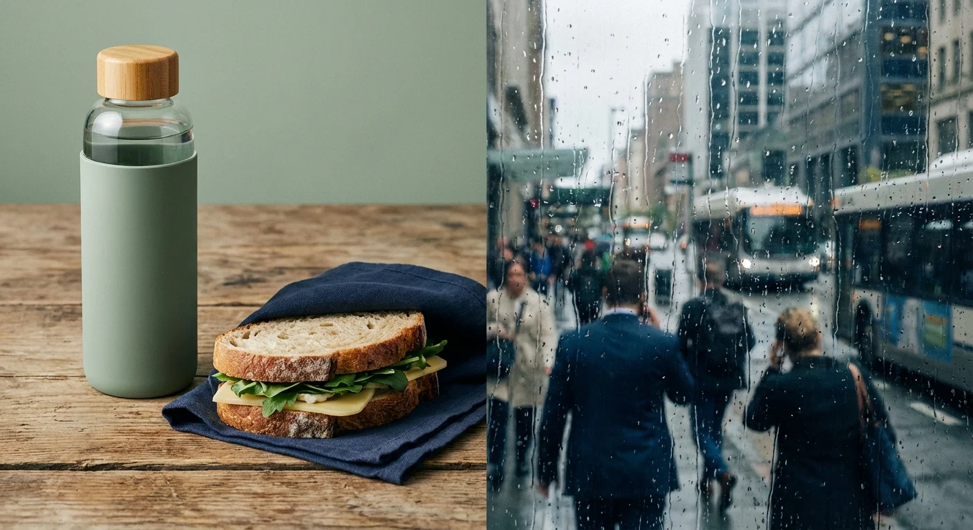 A split image comparing a home-made lunch with a blurred view of a commute.