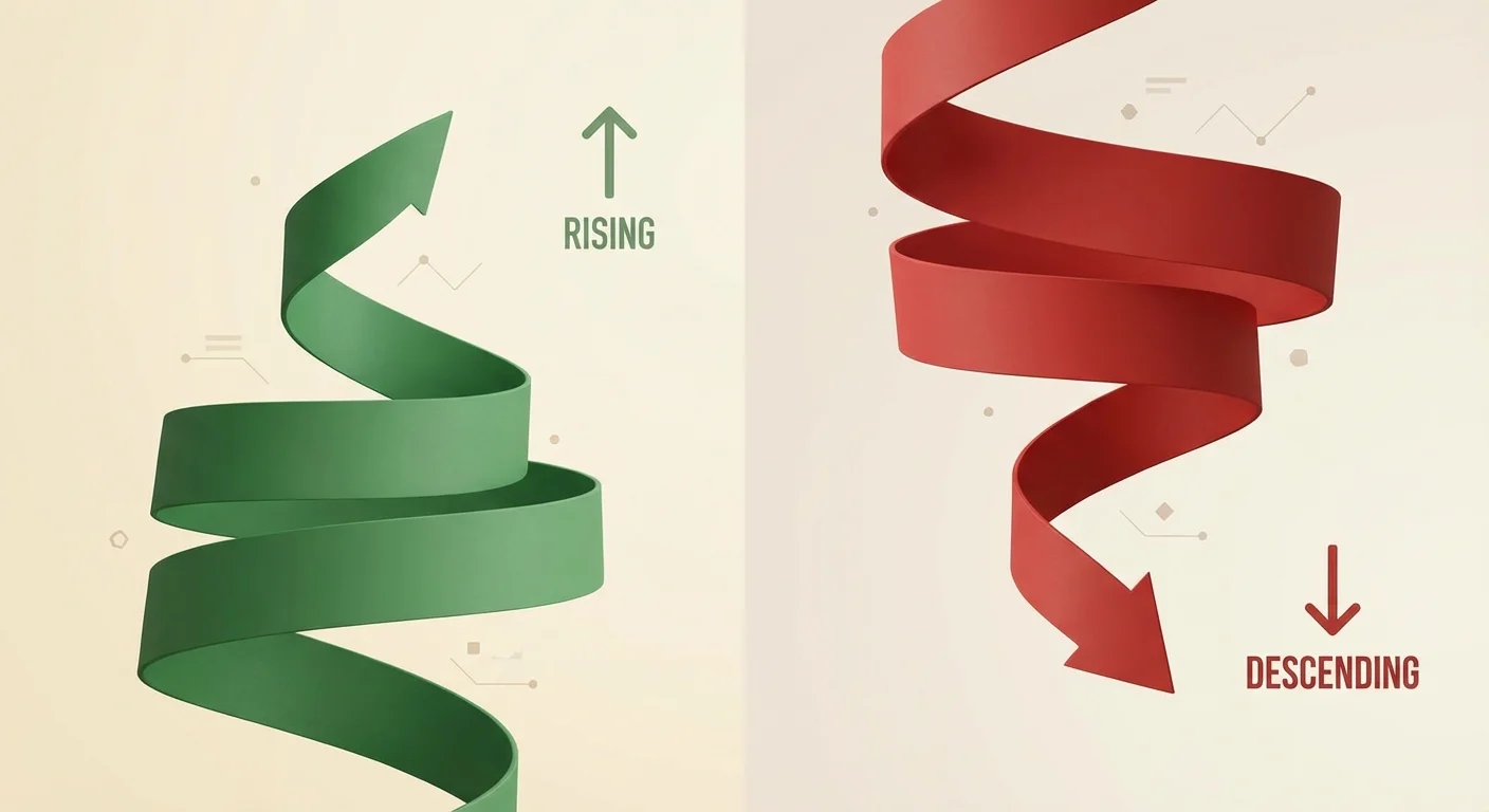 A split 3D visual comparing rising green and falling red market trends.