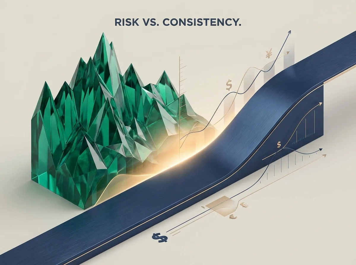 Two 3D paths representing different risk profiles: one volatile and jagged, the other steady and smooth.