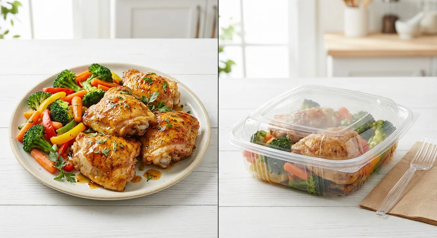 Comparison of a fresh home-cooked meal versus a plastic takeout container meal.