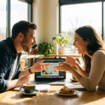 A person viewing a glowing 3D investment chart in a cozy, modern living room.
