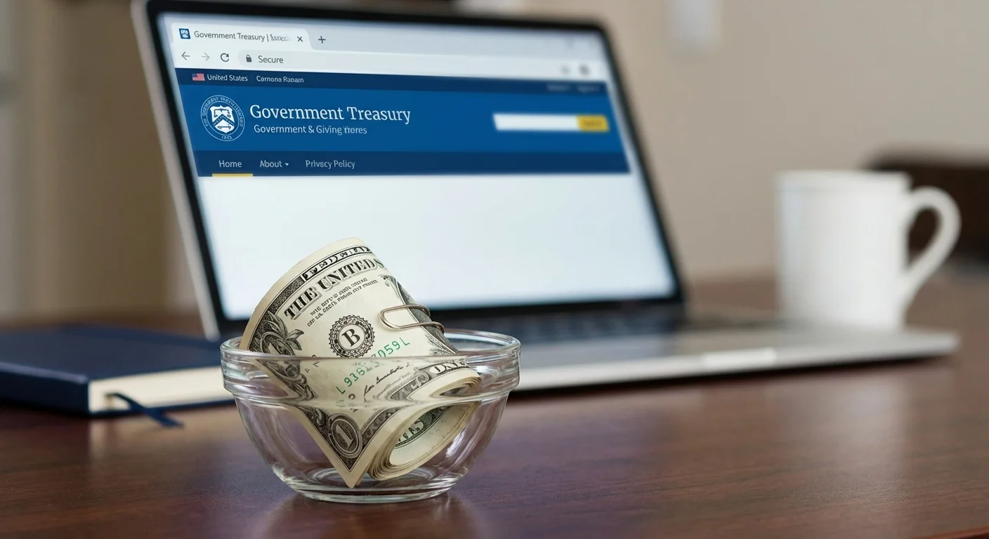Cash in a glass bowl with a blurred laptop in the background showing a treasury website.