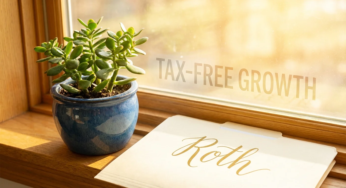 A green plant next to a Roth IRA folder in a bright, sunlit room.