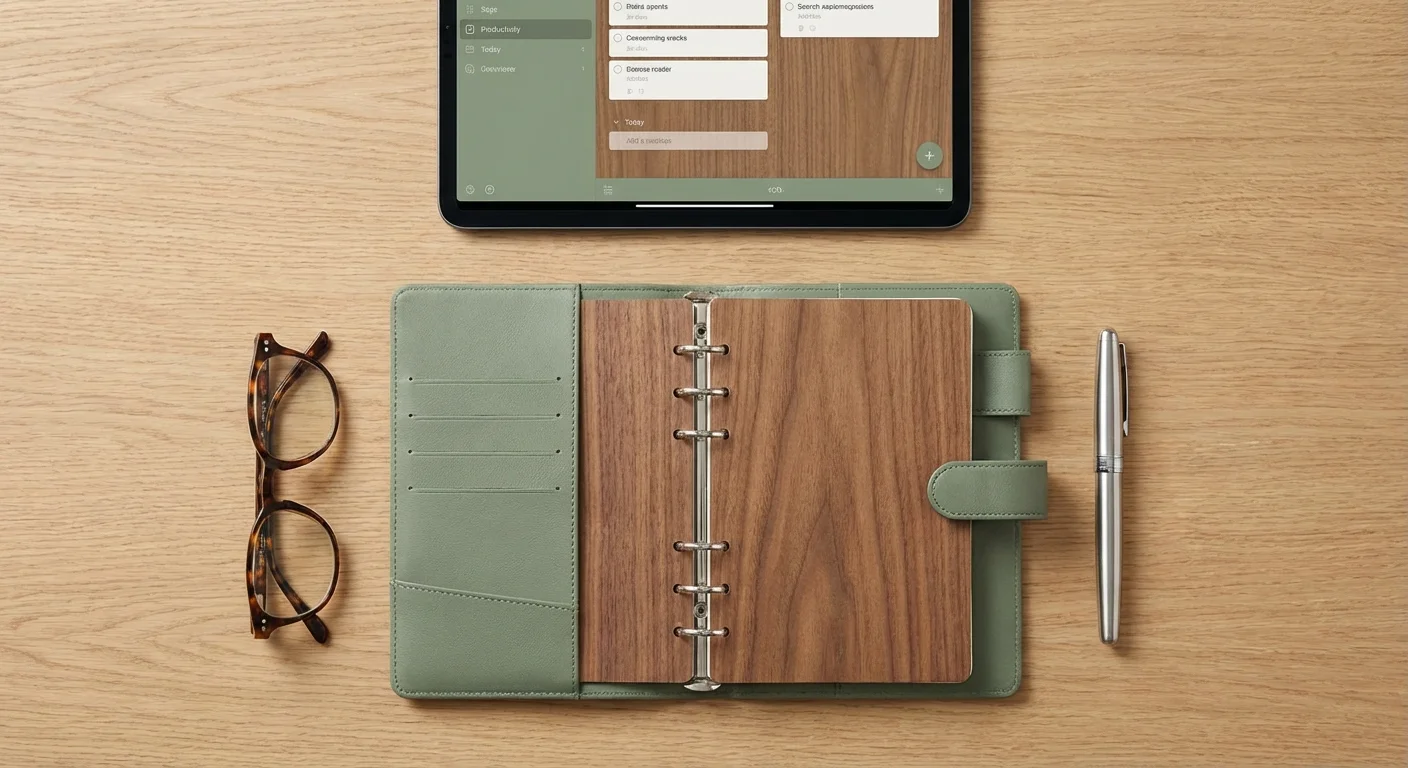 Overhead view of an organized desk with a planner, pen, and tablet.
