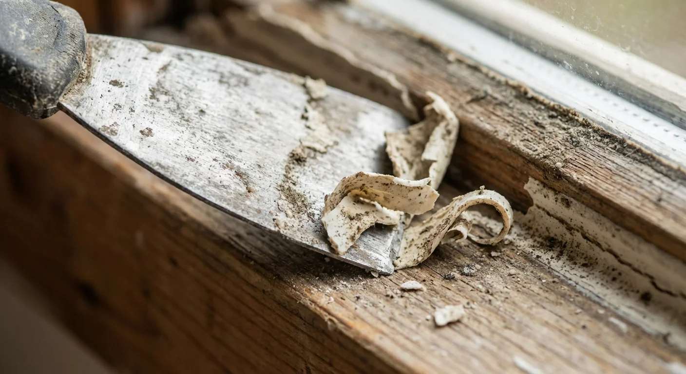 A putty knife removing old, cracked caulk from a window frame.