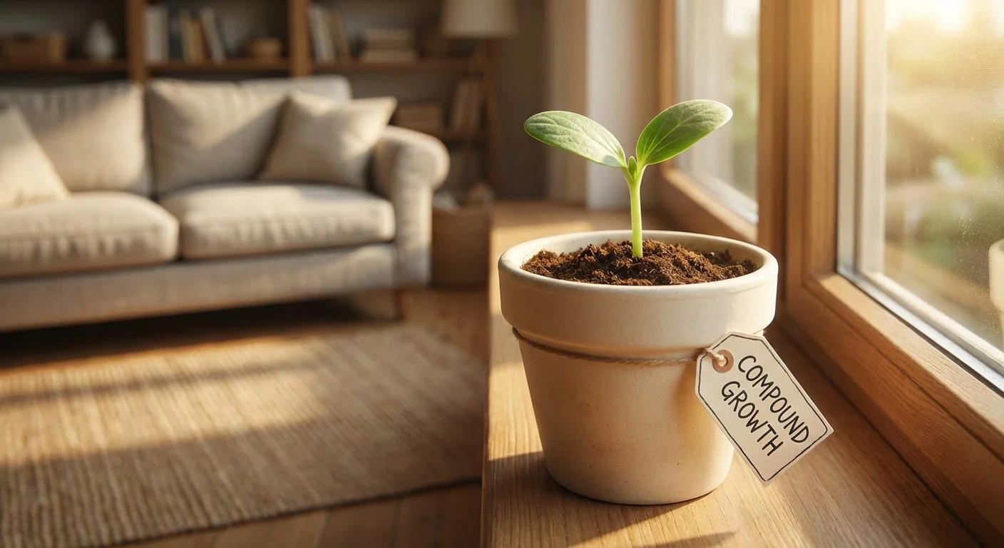 A small green plant sprout growing in a pot, symbolizing the growth of investments.