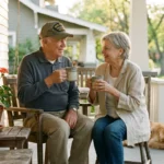 Happy senior couple enjoying morning coffee on a sunny front porch with a sleeping dog