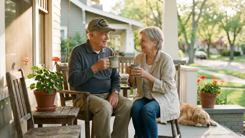 Happy senior couple enjoying morning coffee on a sunny front porch with a sleeping dog