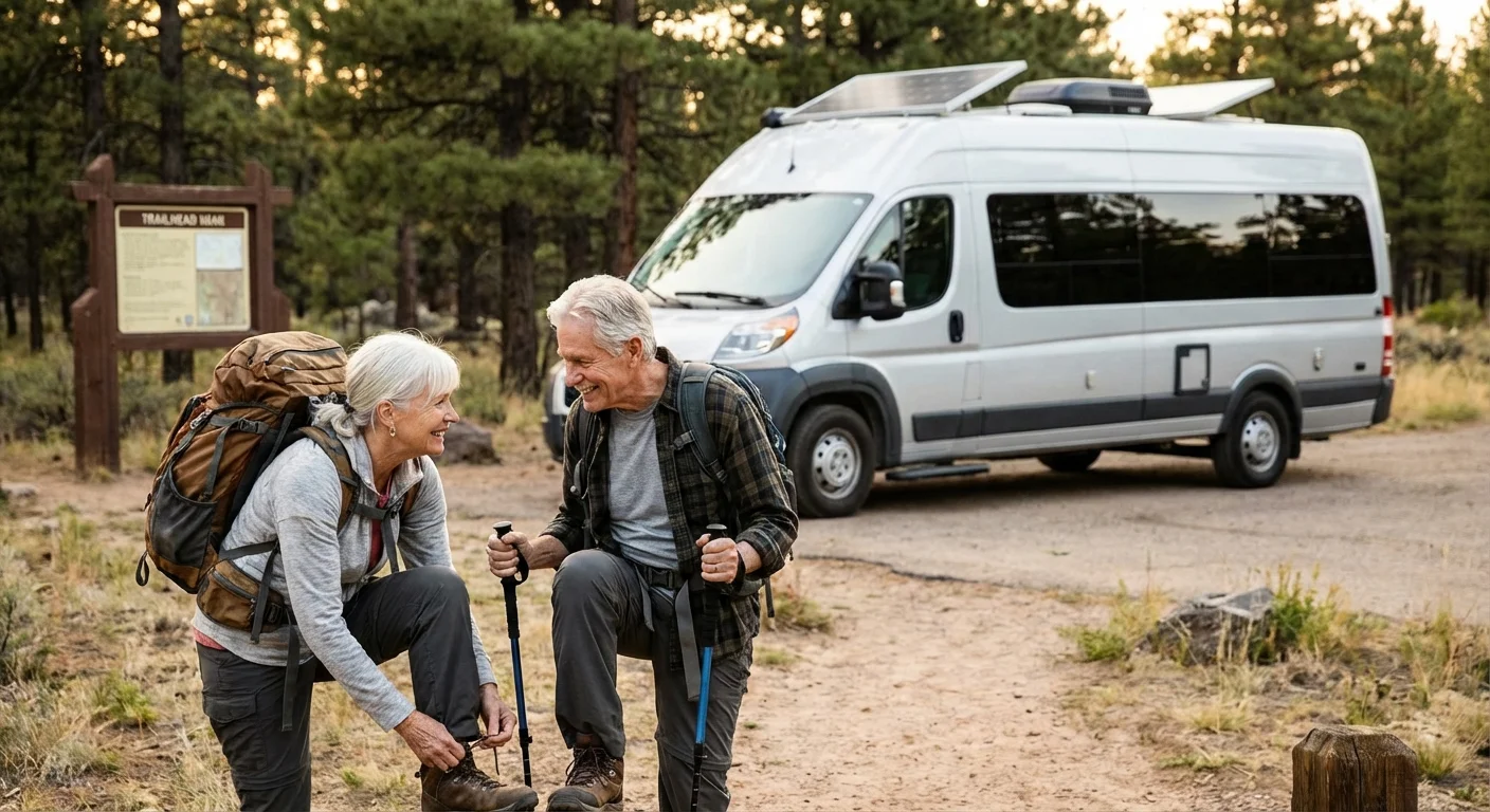 A camper van parked at a trailhead with seniors preparing for a hike.