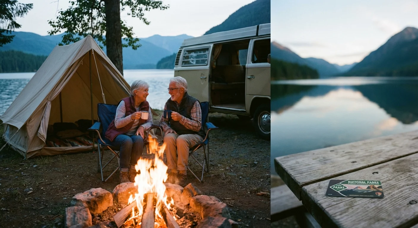 Seniors camping by a lake, highlighting the expanded discounts for camping fees.