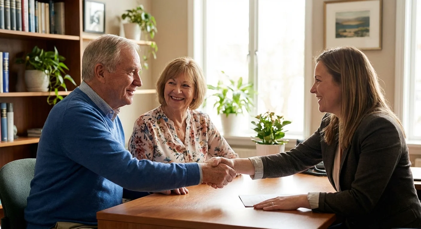 A senior couple shaking hands with a financial advisor in a bright, professional office.