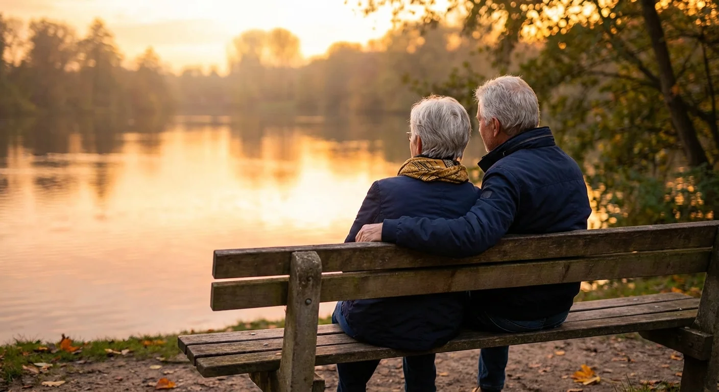 An older couple sitting affectionately on a bench by a lake at sunset.