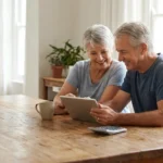 A smiling senior couple sits at a wooden table using a tablet and calculator.
