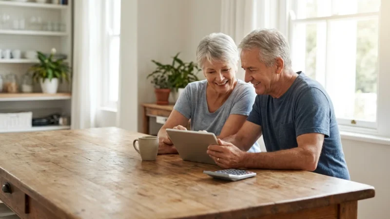 A smiling senior couple sits at a wooden table using a tablet and calculator.