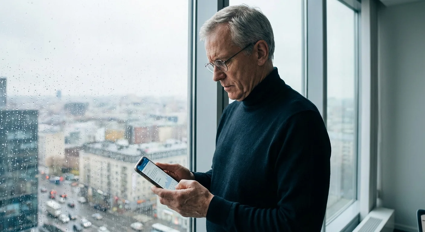A person looking thoughtfully at a phone, representing careful financial analysis.