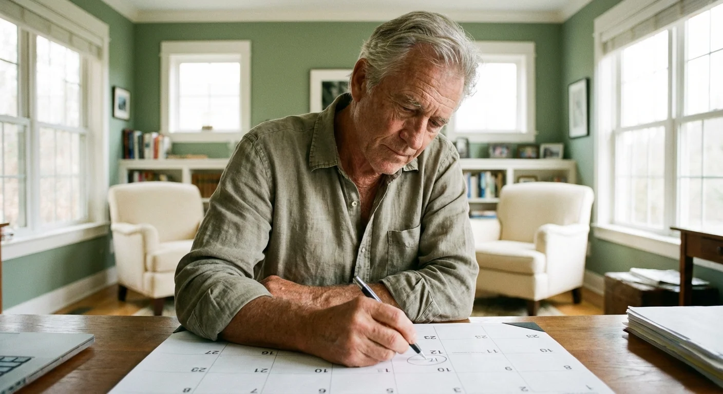 A man looking at a desk calendar in a bright home office, marking a date.