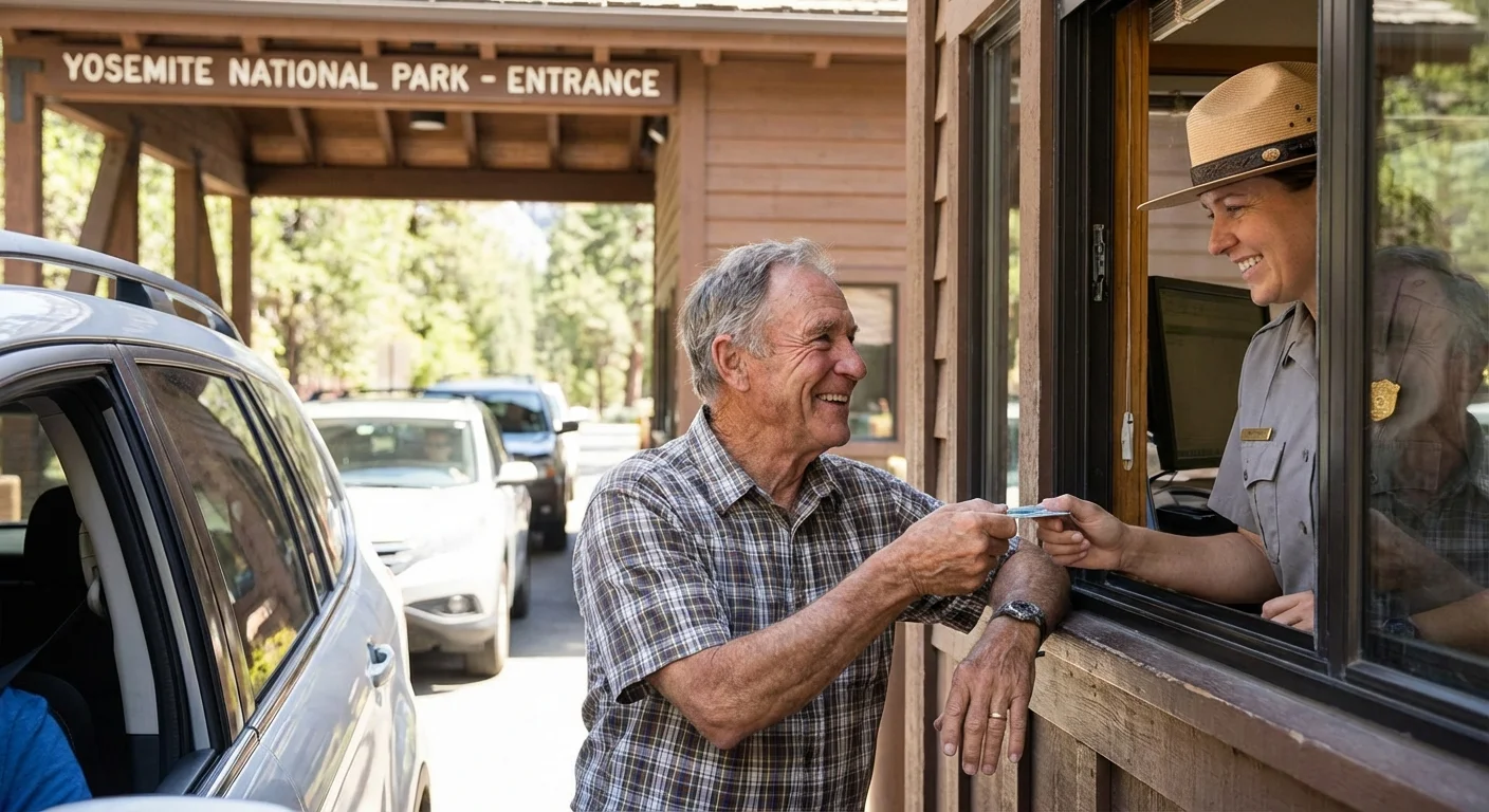 A senior man receives his pass from a park ranger at an entrance station.