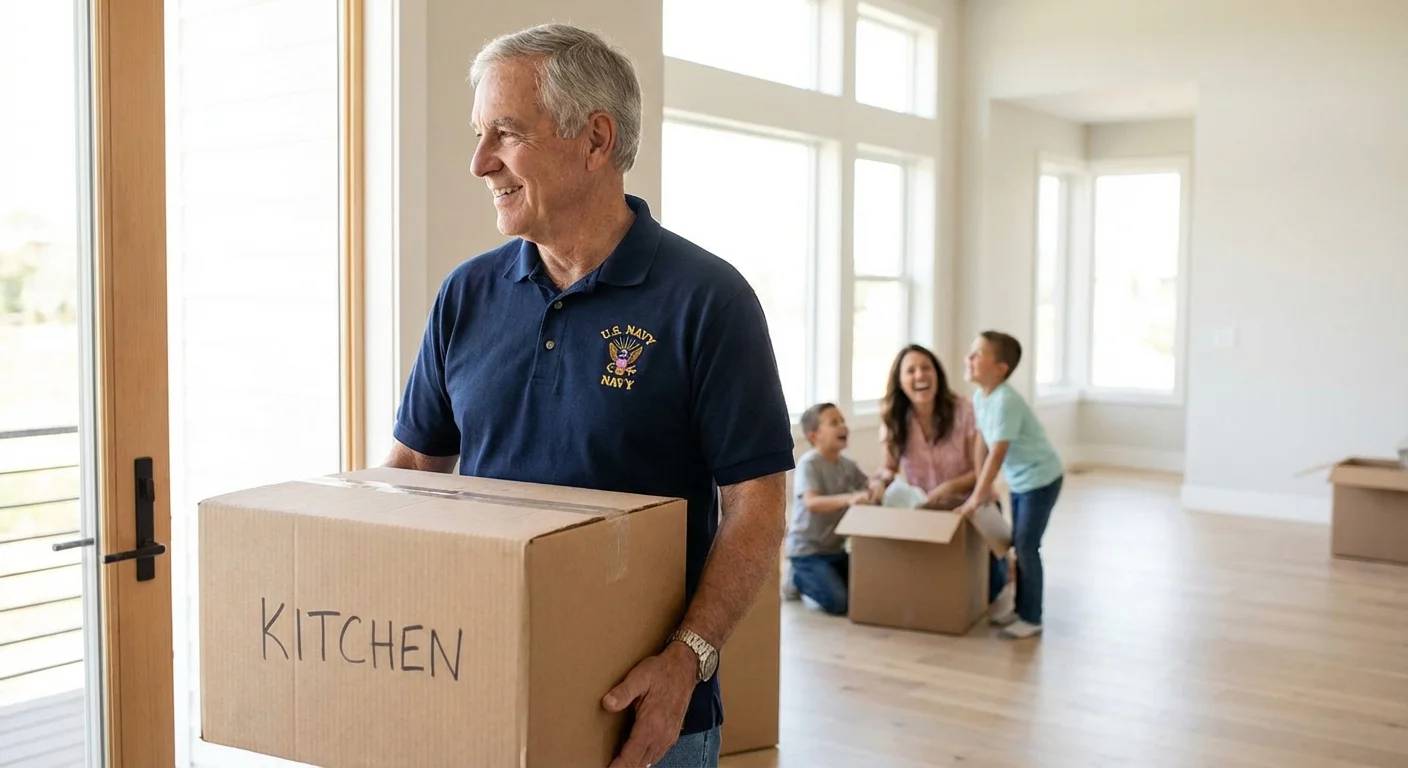 A veteran carrying a box into a new home, symbolizing moving to a tax-exempt state.