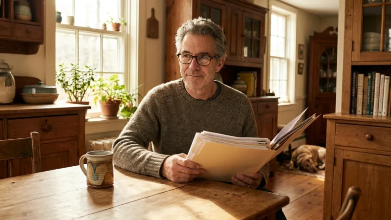 Senior man with glasses reviewing documents at a rustic wooden kitchen table