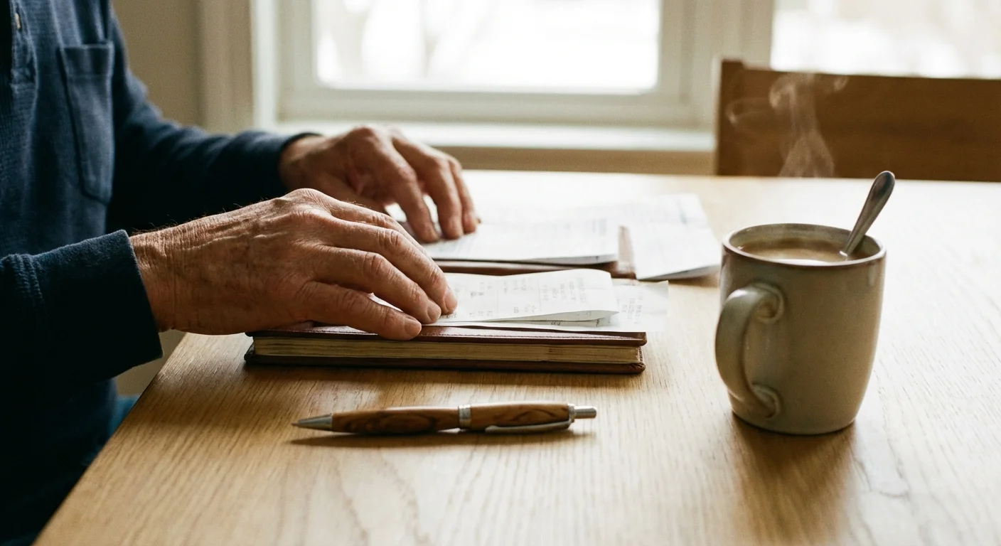 Close-up of hands organizing financial papers on a wooden table with a coffee mug.