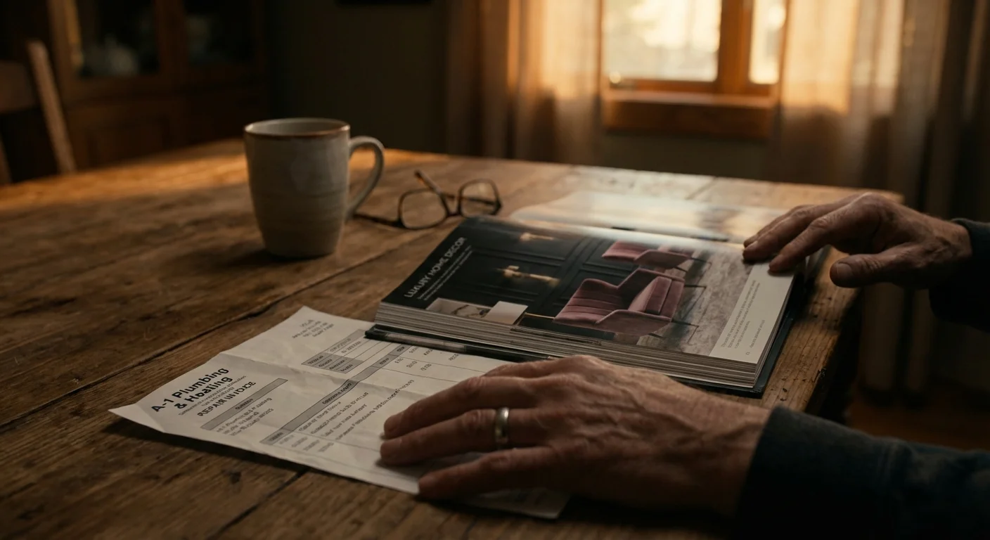 Hands on a wooden table choosing between a repair bill and a luxury catalog.