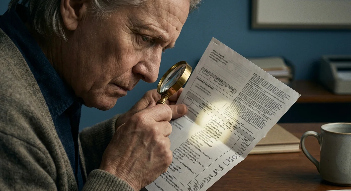 A person looking through a magnifying glass at a medical bill.