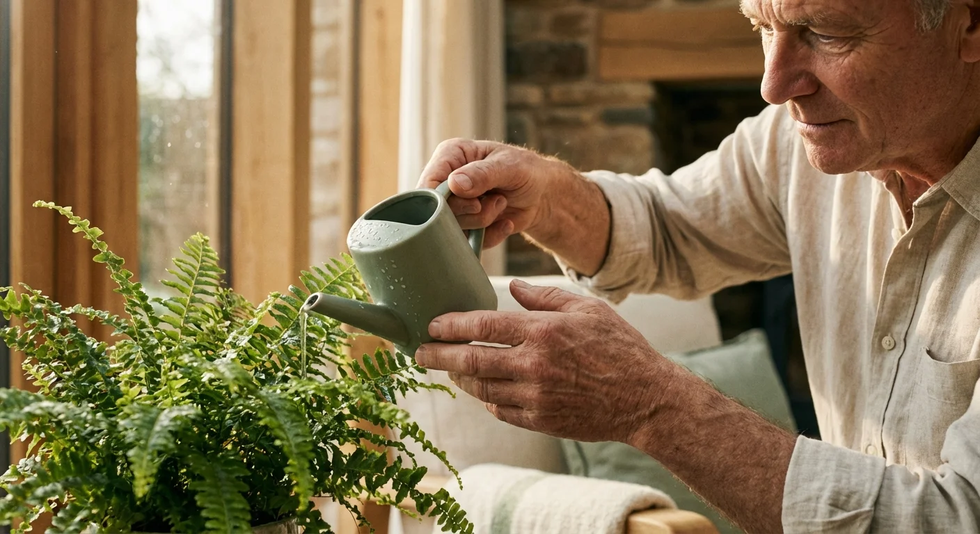 A man watering a healthy green plant in a sunlit room, symbolizing financial growth.