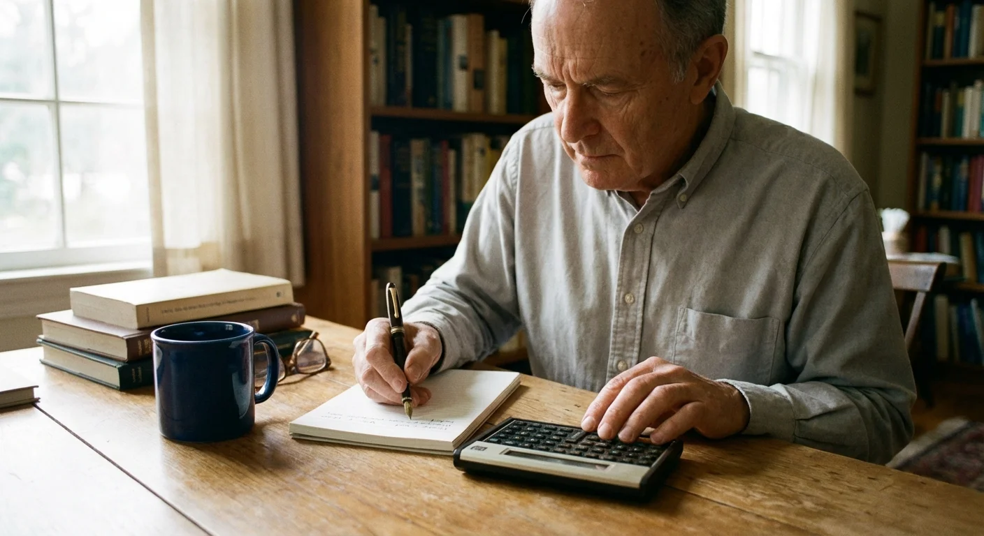 A person calculating their income with a notebook and calculator at a desk.