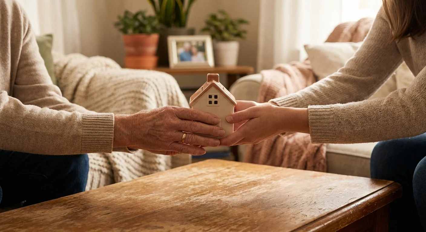 Hands passing a house-shaped piggy bank, representing financial assistance and saving.