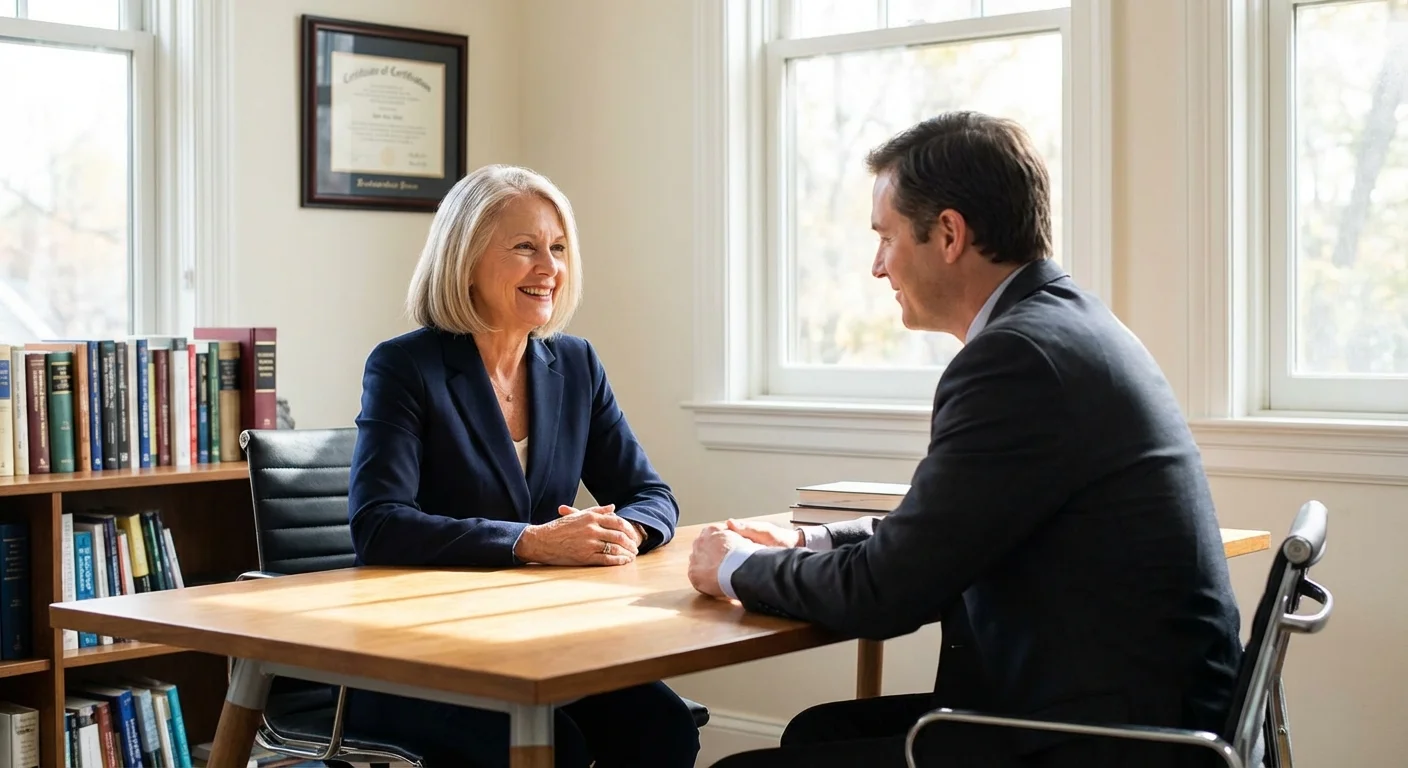 A woman talking to a professional advisor in a bright, comfortable office.